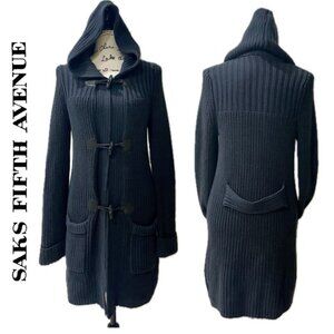 SAKS FIFTH AVENUE CARDIGAN HOODED SWEATER FISHERMAN CHUNKY 100% COTTON NAVY BLUE